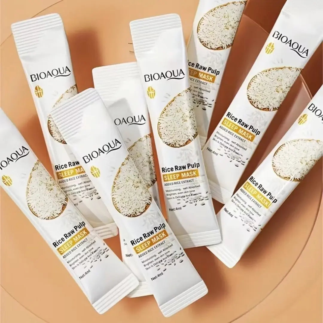 BIOAQUA Rice Raw Pulp Sleep Mask front view – hydrating overnight mask with rice extract, 20pcs x 4ml cups for radiant skin