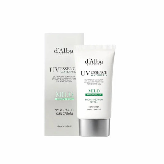 Packaging of d’Alba White Truffle Waterfull Mild Sunscreen SPF 50+ Korean skincare mineral sun cream