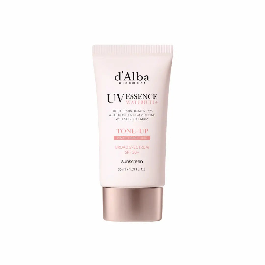 d’Alba White Truffle Waterfull Tone-Up Sunscreen SPF50+ front view showing packaging and soft pink tone. koreanskincare