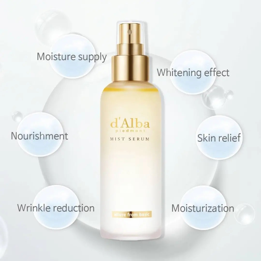 Applying d’Alba White Truffle First Spray Serum on skin – Korean skincare hydrating mist