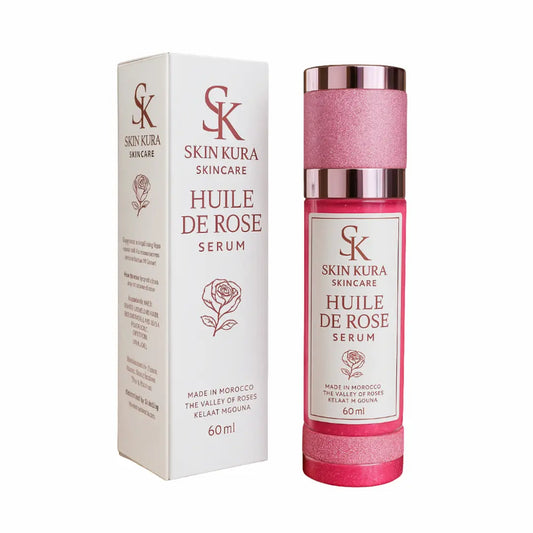 Skinkura Huile de Rose serum 60 ml box showing ingredients and origin: Kelaat M'Gouna, Valley of Roses, Ouarzazate, Morocco.