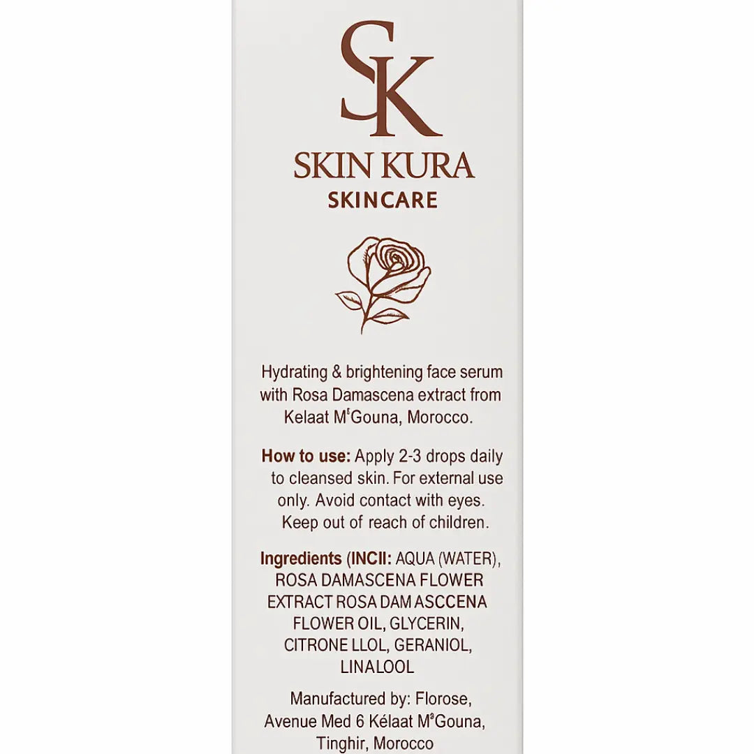 Back label of Skinkura Huile de Rose face serum 60 ml showing INCI and origin — crafted in Kelaat M'Gouna, the Valley of Roses, Ouarzazate, Morocco.