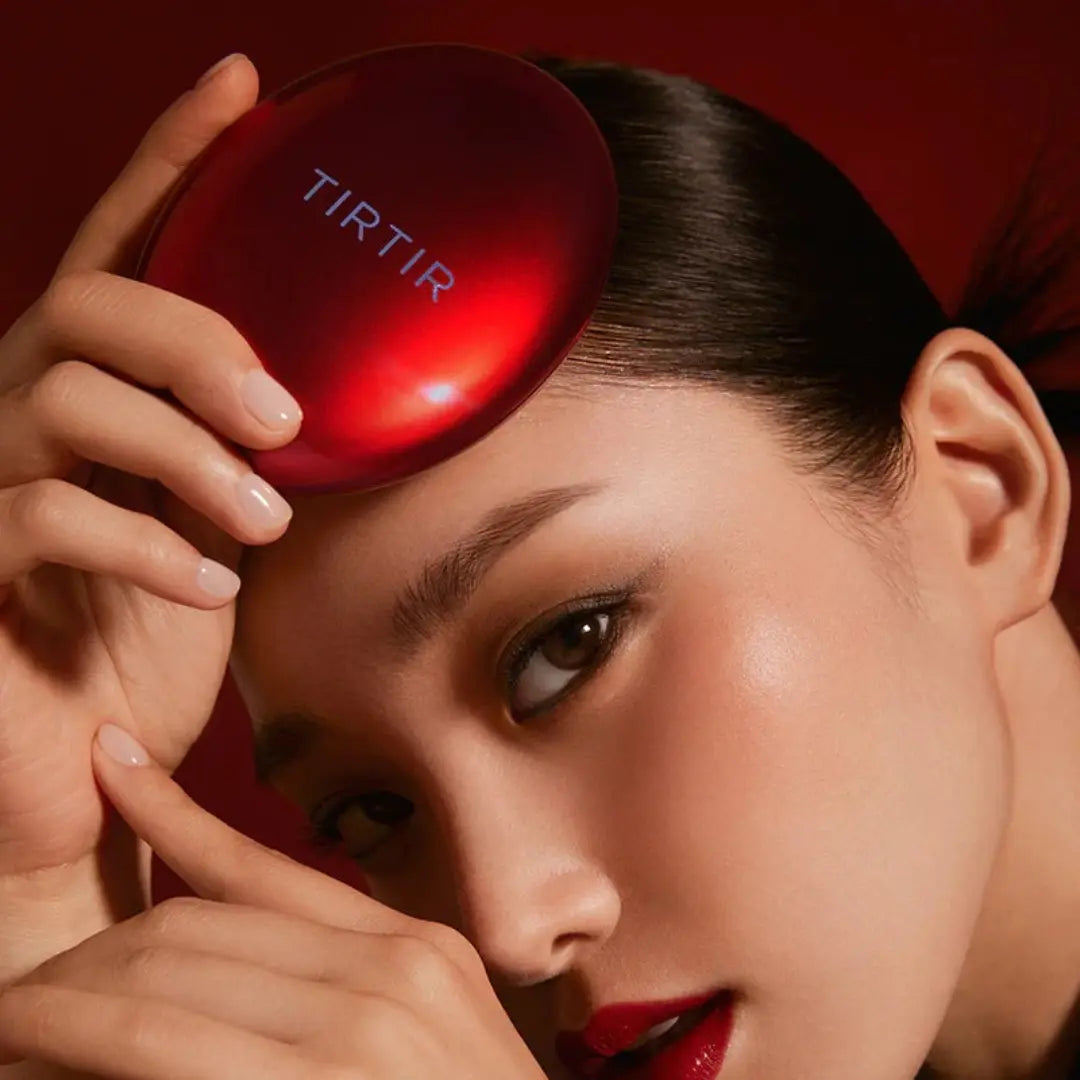 Open TIRTIR Mask Fit Red Cushion compact showing puff and mirror
