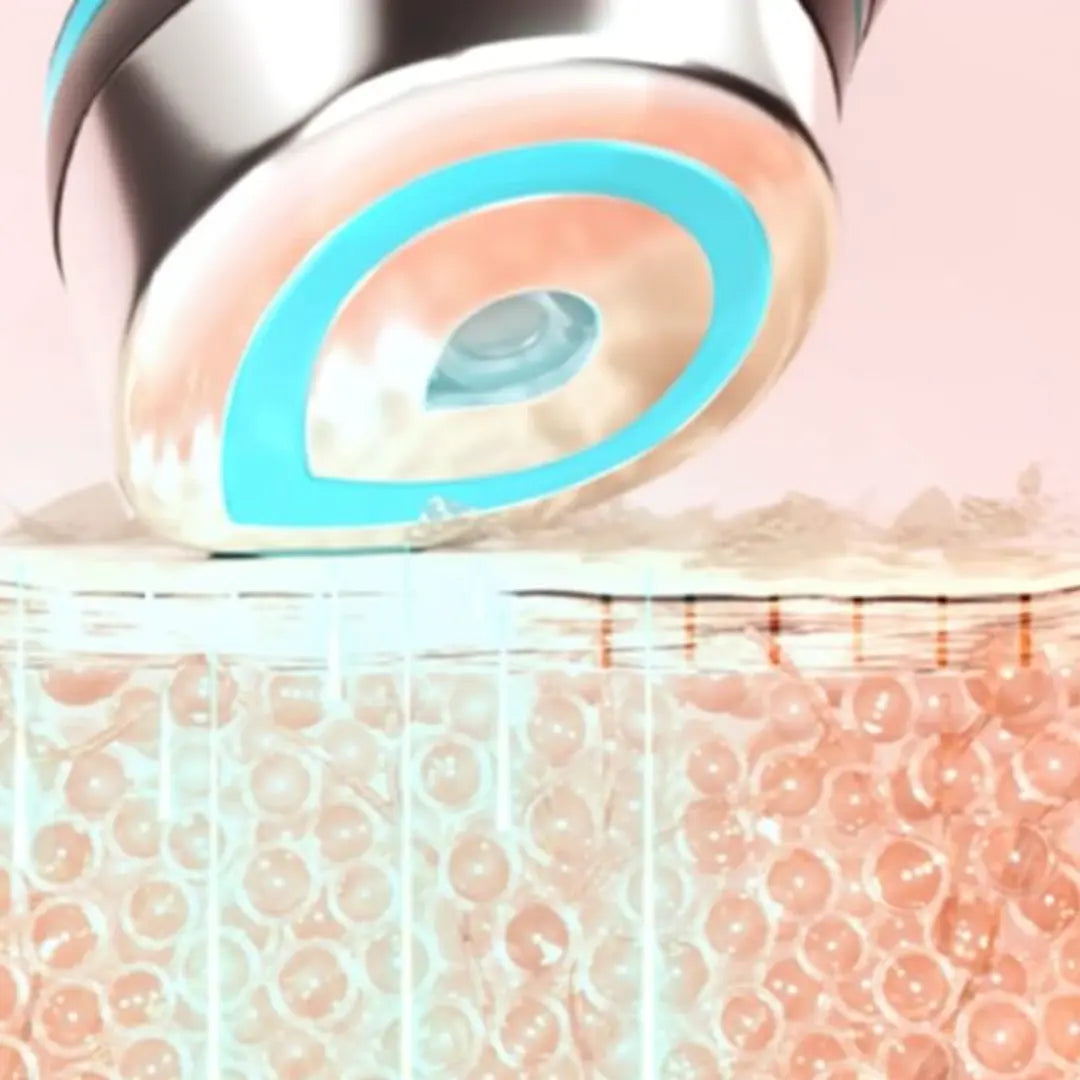 Demonstration of AGE-R Booster Pro Red Edition device on skin showing Electroporation, Microcurrent, EMS, Electric Needling, LED, and Sonic Vibration effects