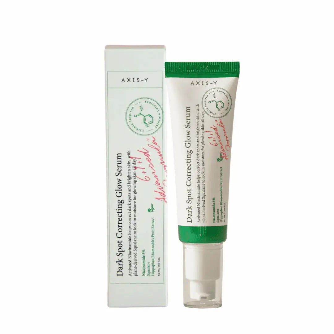 AXIS-Y Dark Spot Correcting Glow Serum packaging with pump dispenser – clean vegan skincare design