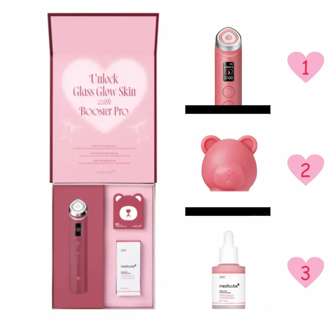 Complete Medicube Booster Pro Special Edition set showing PDRN Pink Peptide Serum, AGE-R Booster Pro Red Edition, and Red Bear Head Case