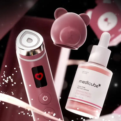 Complete Medicube Booster Pro Special Edition Valentine’s gift set displayed with serum, device, and Red Bear Head Case