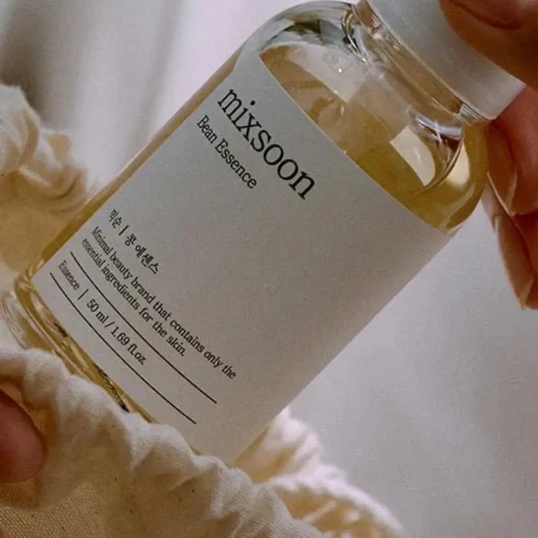 Close-up of Mixsoon Bean Essence bottle showcasing premium K-Beauty packaging.