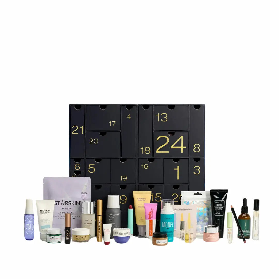 Inside the Skinkura Advent Calendar 2025 showing deluxe skincare, makeup and fragrance miniatur